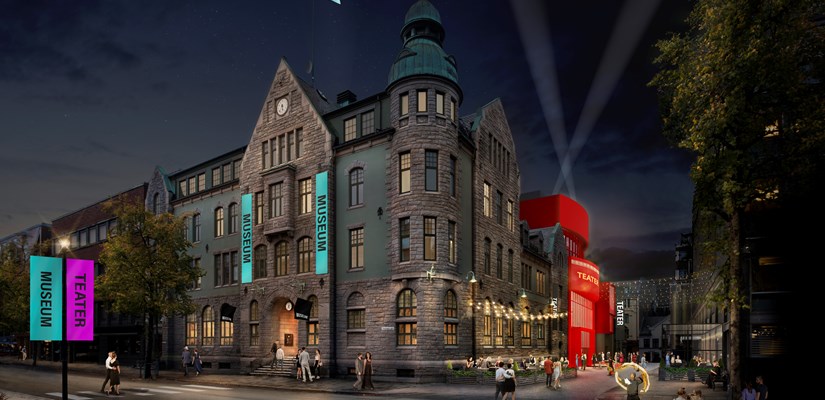Skisse: HK/ Norgeshus - Posten Kunstmuseum og Nye Hjorten Teater Skisse: HK/ Norgeshus - Posten Kunstmuseum og Nye Hjorten Teater