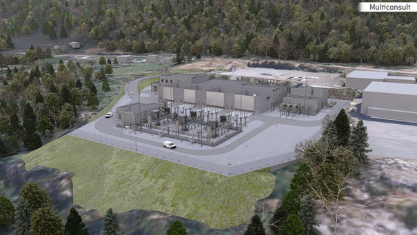 Visualisering av Årskog kompenseringsstasjon i Fitjar kommune, sett mot nord-øst