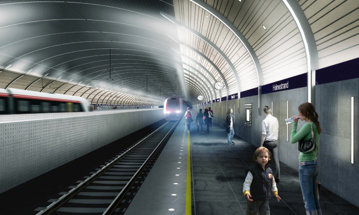 Skissetegning fra innsiden av stasjonen