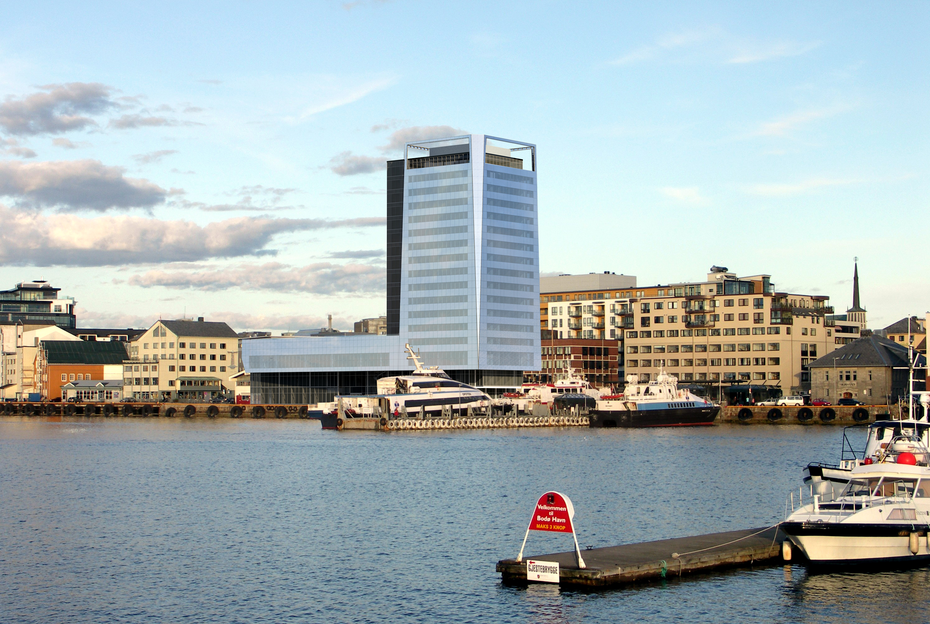 Fotomontasje av hotellet og kaiområdet sett fra sjøen