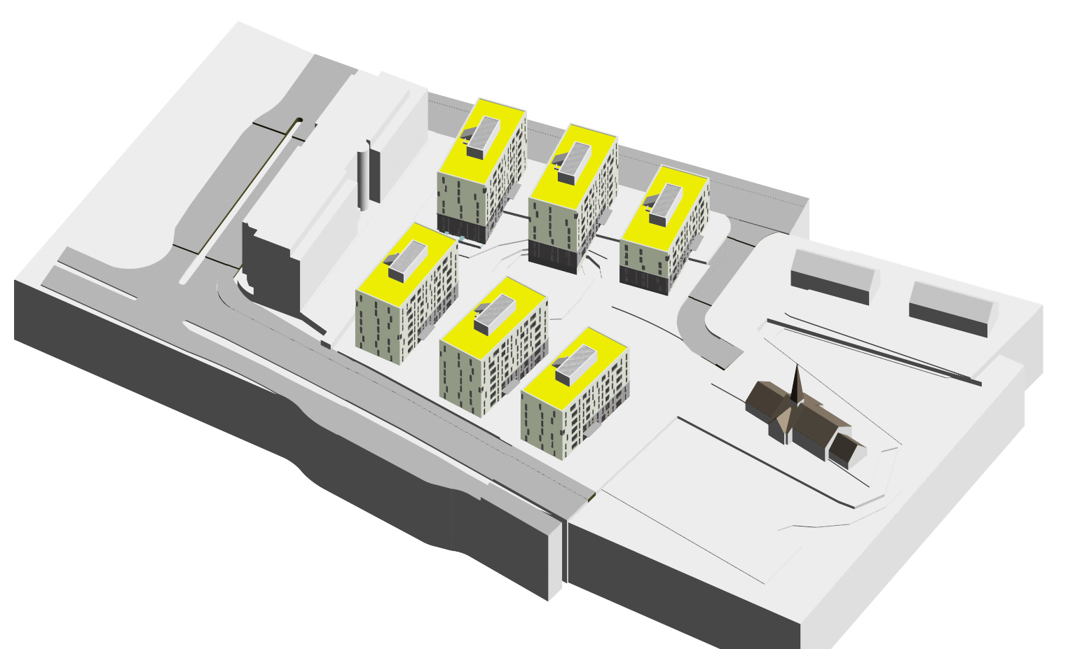 Perspektiv over området med blokkene