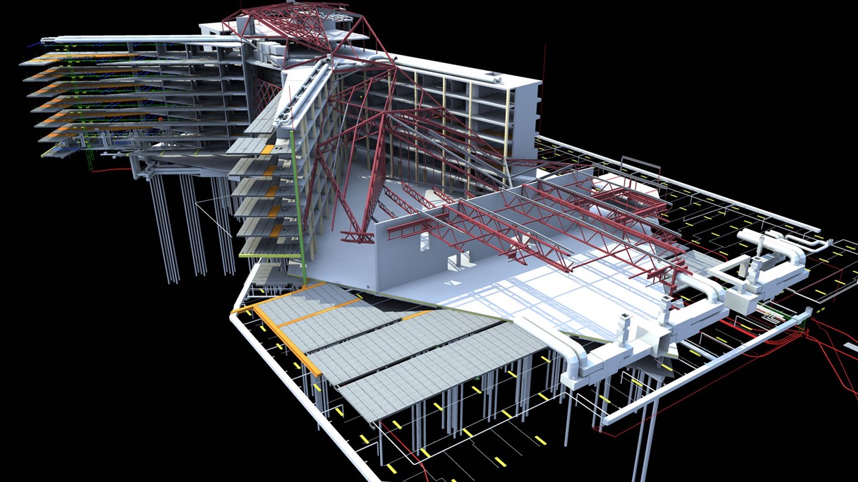 En digital illustrasjon av bygningskonstruksjonen av et bygg