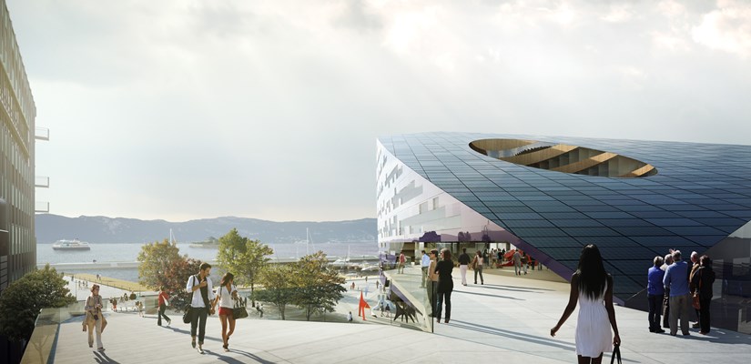 Verdens nordligste plusshus bygges på Brattørkaia i Trondheim. Illustrasjon: Snøhetta/MIR Verdens nordligste plusshus bygges på Brattørkaia i Trondheim. Illustrasjon: Snøhetta/MIR